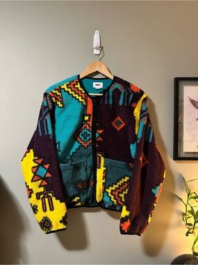 Obey women’s Multicolor Aztec Sherpa Zip Jacket - Teal, Yellow, Burgundy
